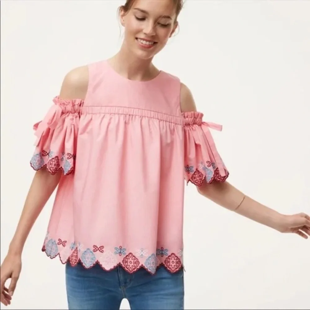 LOFT Pink Cold-Shoulder Embroidered Blouse with Tie Detail Size Large - Picture 1 of 8